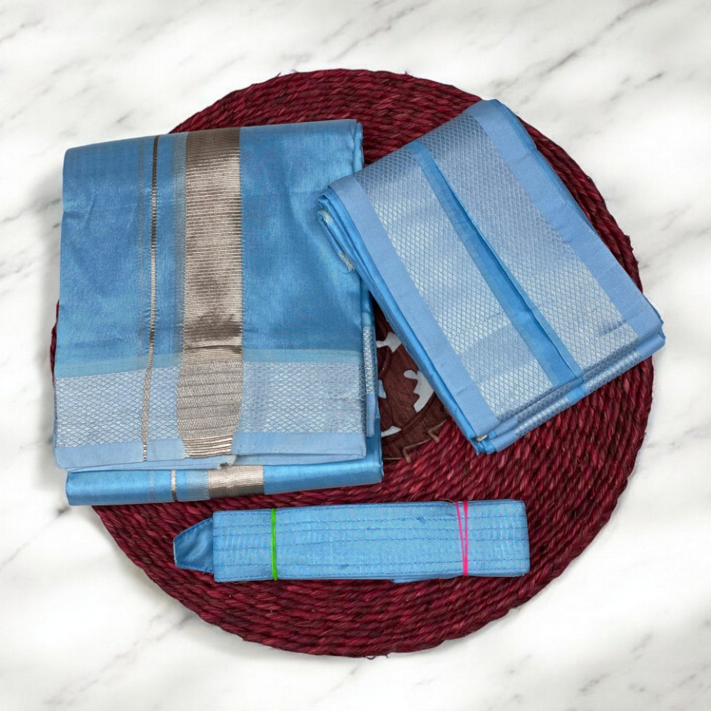 HORAD Premium Art Silk Blue Dhoti + Angavastram + Belt (8X4)