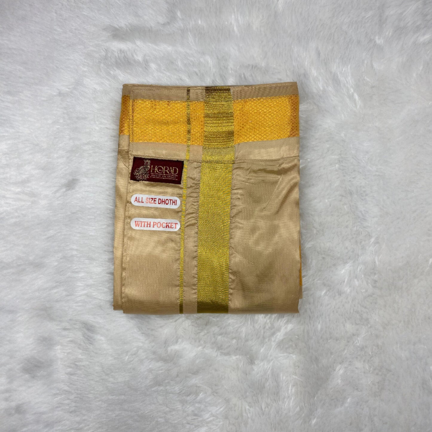 Horad Premium Art Silk Dad and Son Light Gold Shirt + Welcro Dhoti + Angavastram