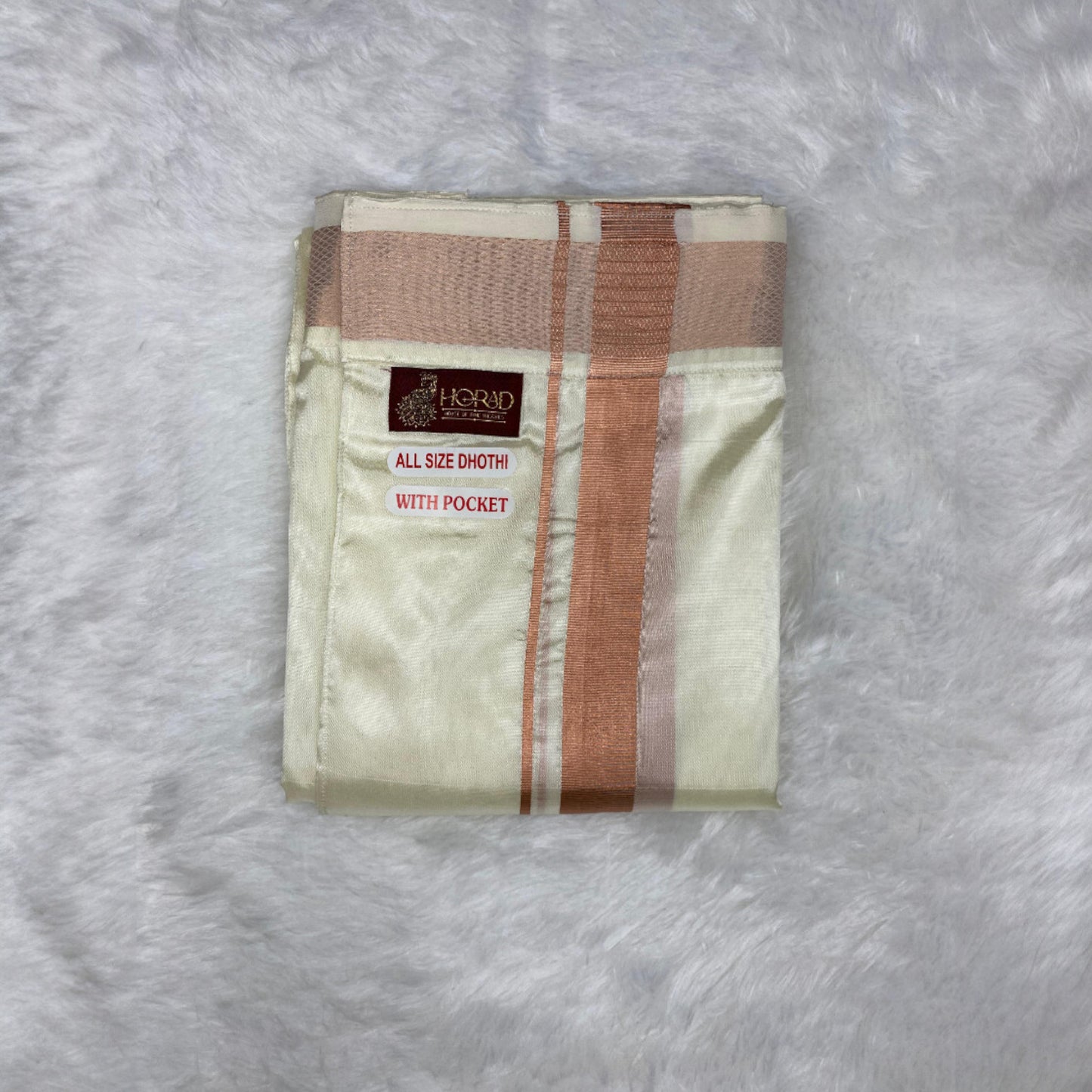 Horad Premium Art Silk Dad and Son Cream Shirt + Cream with Copper Welcro Dhoti + Angavastram