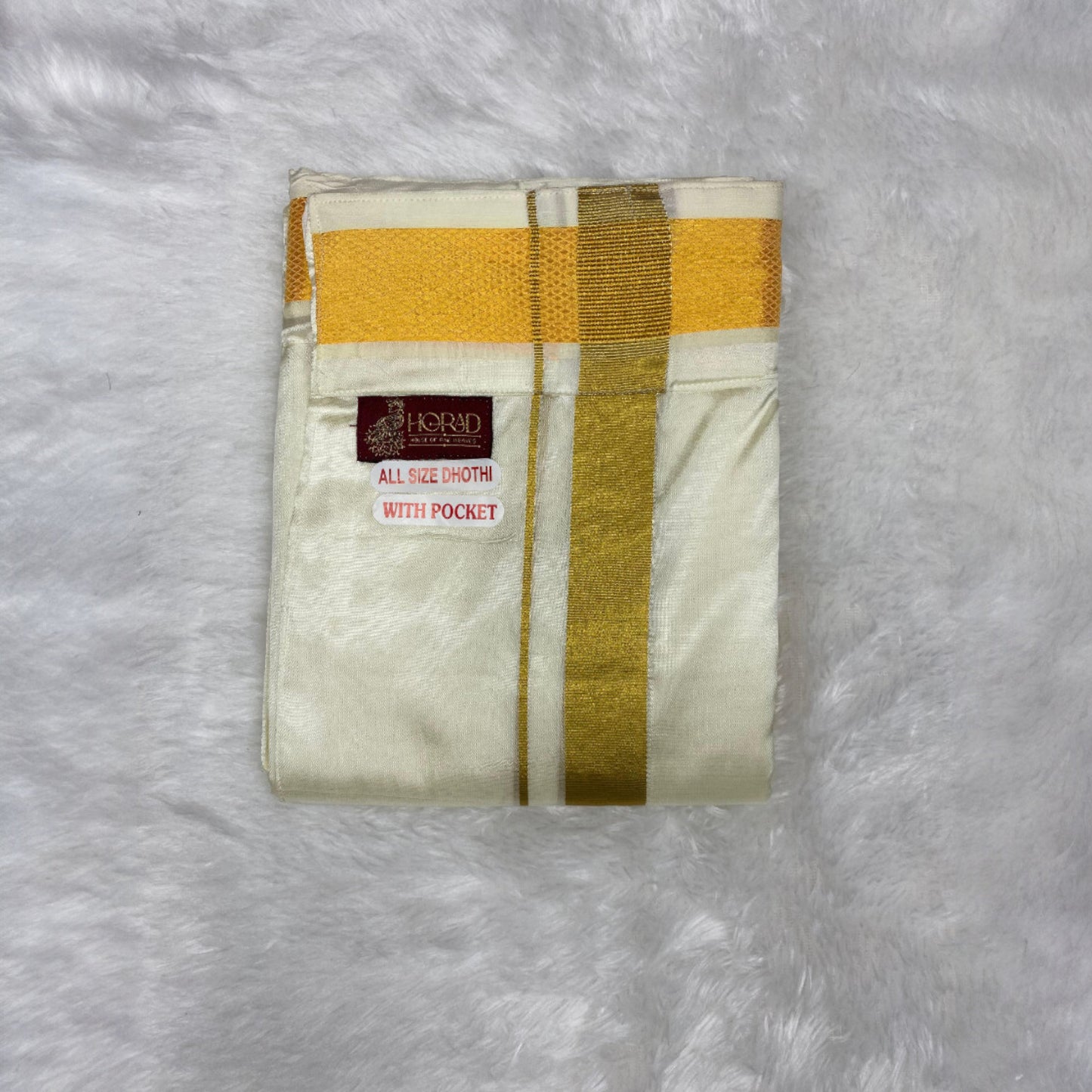 Horad Premium Art Silk Dad and Son Light Gold Shirt + Cream Welcro Dhoti + Angavastram