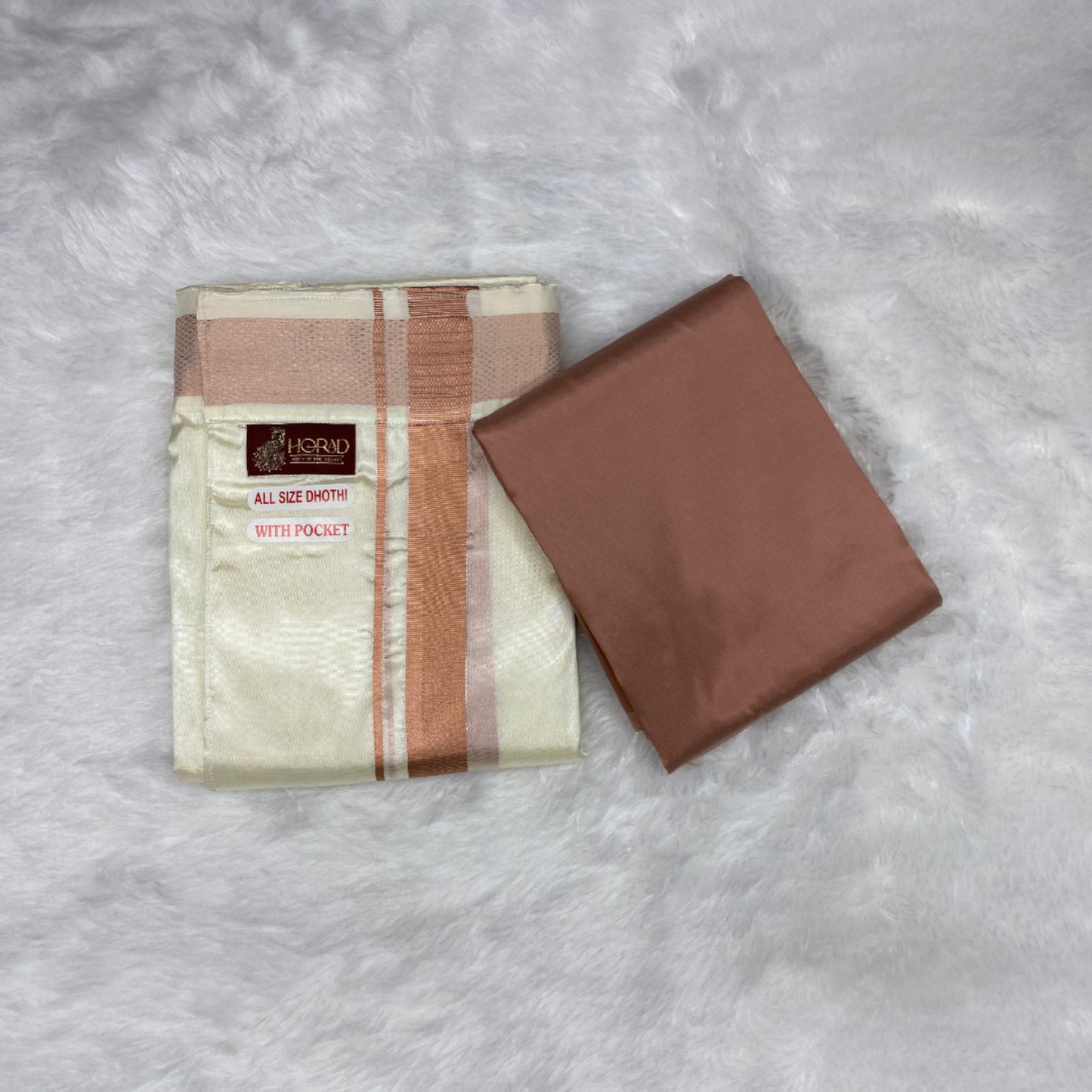HORAD Premium Art Silk Cream Welcro Dhoti with Copper Shirt Material