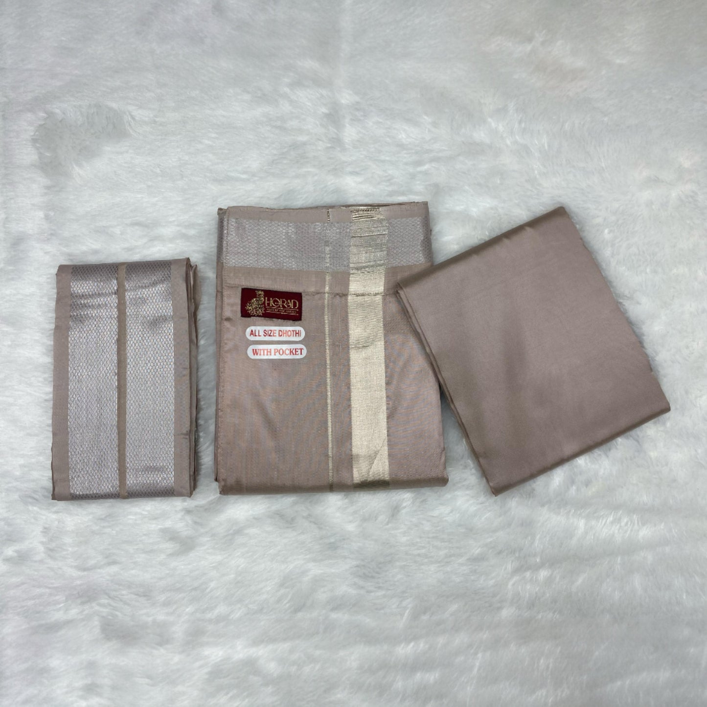 HORAD Premium Art Silk Sandstone Welcro Dhoti with Shirt Material + Angavastram