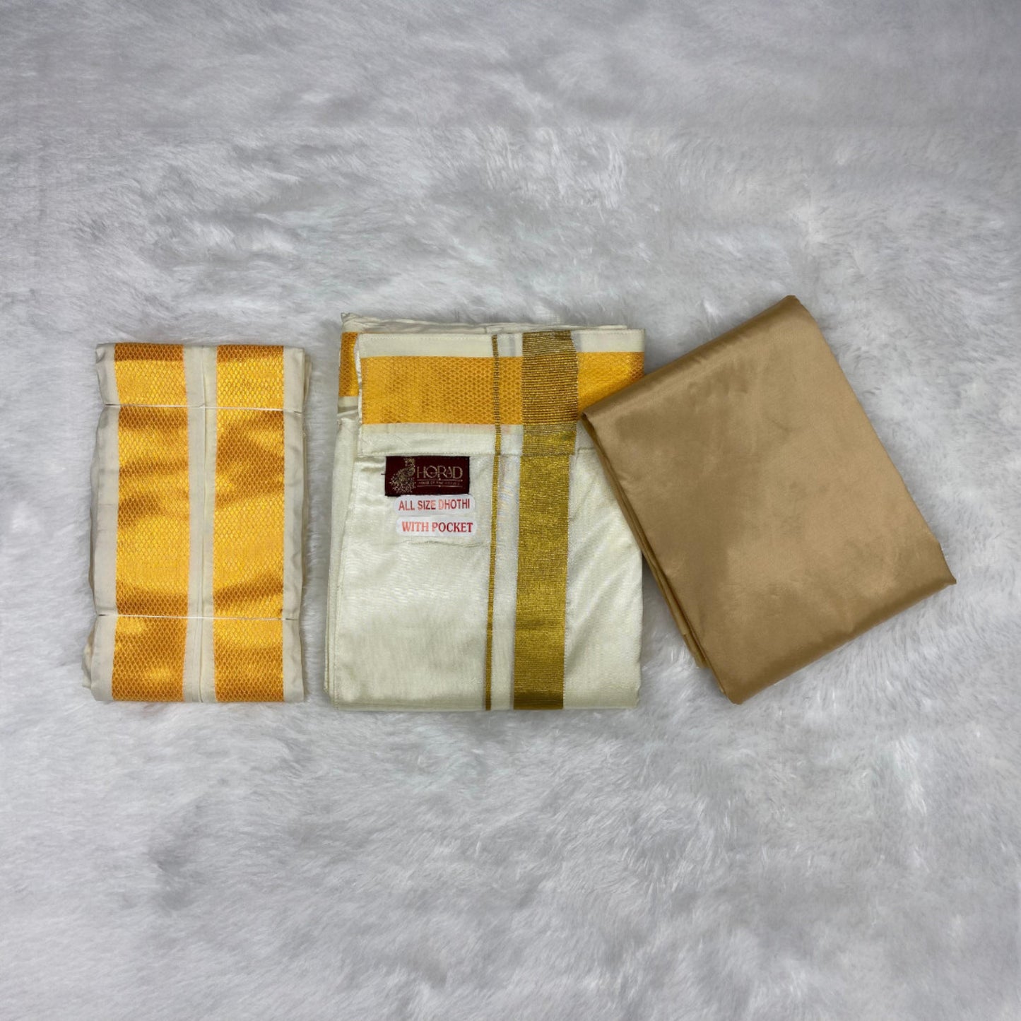 HORAD Premium Art Silk Light Gold Shirt Material with Cream with Gold Welcro Dhoti + Angavastram