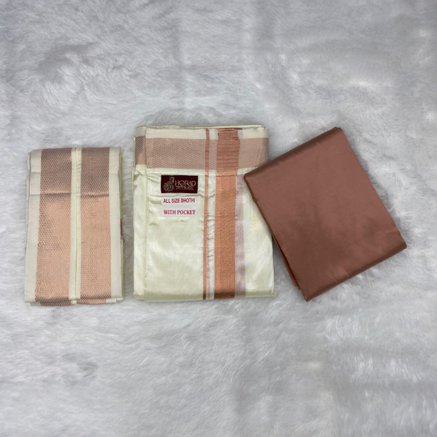 HORAD Premium Art Silk Cream Welcro Dhoti with Copper Shirt Material + Angavastram