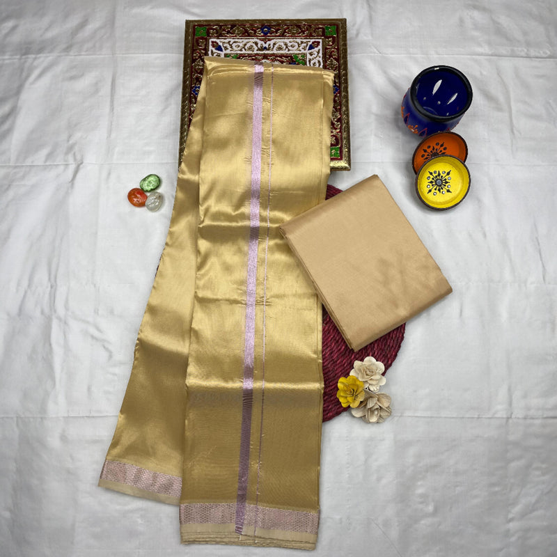 HORAD Art Silk  Light Gold  Shirt Material + Rose Gold Zari Dhoti