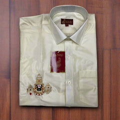 Horad Premium Art Silk Cream Balaji Embroidery Shirt + Cream with Copper Border Welcro Dhoti