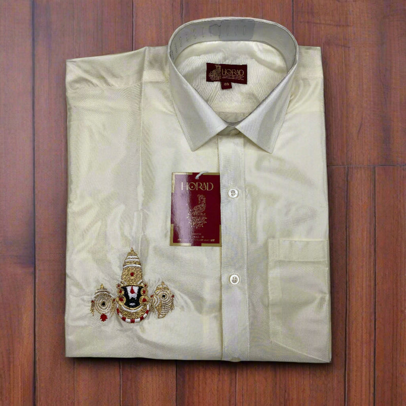 Horad Premium Art Silk Cream Balaji Embroidery Shirt + Cream with Copper Border Welcro Dhoti