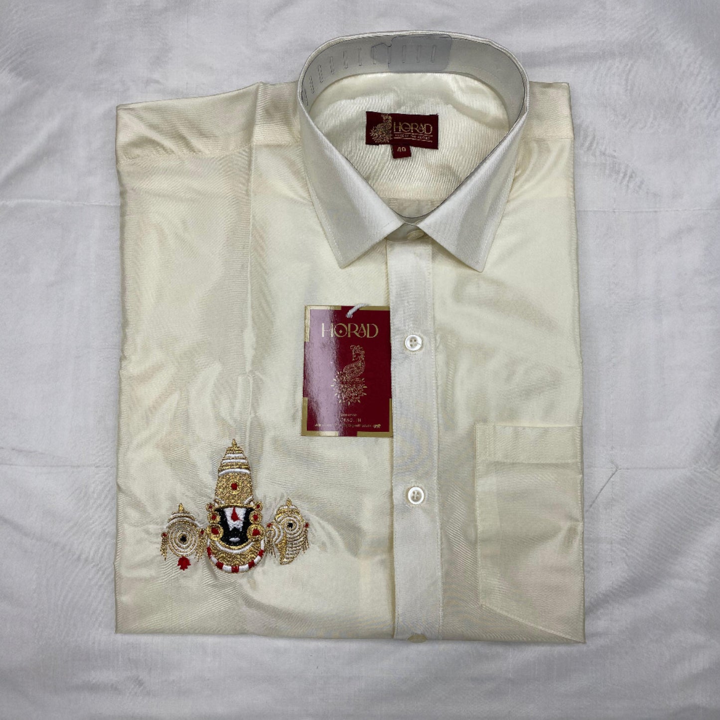 Horad Premium Art Silk Cream Balaji Embroidery Shirt + Cream with Gold Border Welcro Dhoti + Angavastram