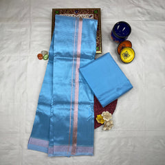 HORAD Art Silk  Sky Blue Shirt Material + Rose Gold Zari Dhoti