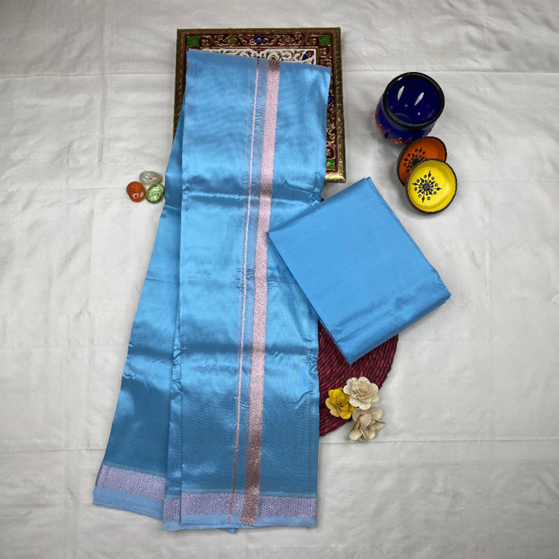 HORAD Art Silk  Sky Blue Shirt Material + Rose Gold Zari Dhoti