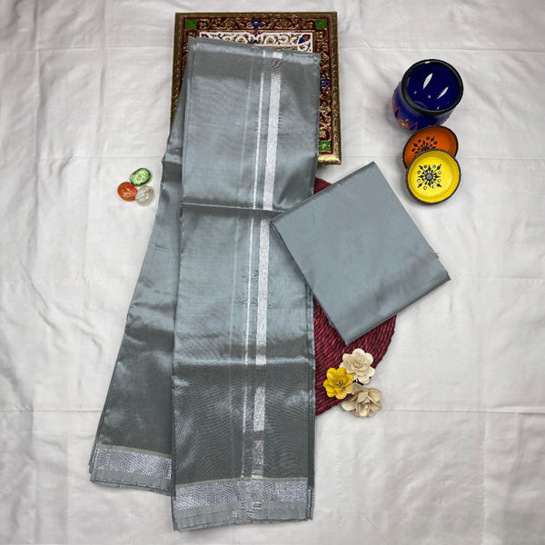 HORAD Art Silk  Steel Grey Shirt Material + Silver Zari Dhoti