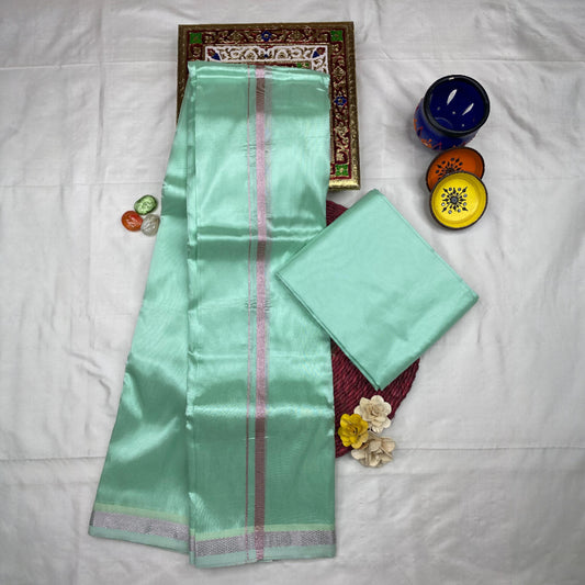 HORAD Art Silk  ML Green Shirt Material + Silver Zari Dhoti