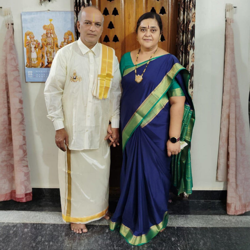 Horad Premium Art Silk Cream Balaji Embroidery Shirt + Cream with Gold Border Welcro Dhoti + Angavastram