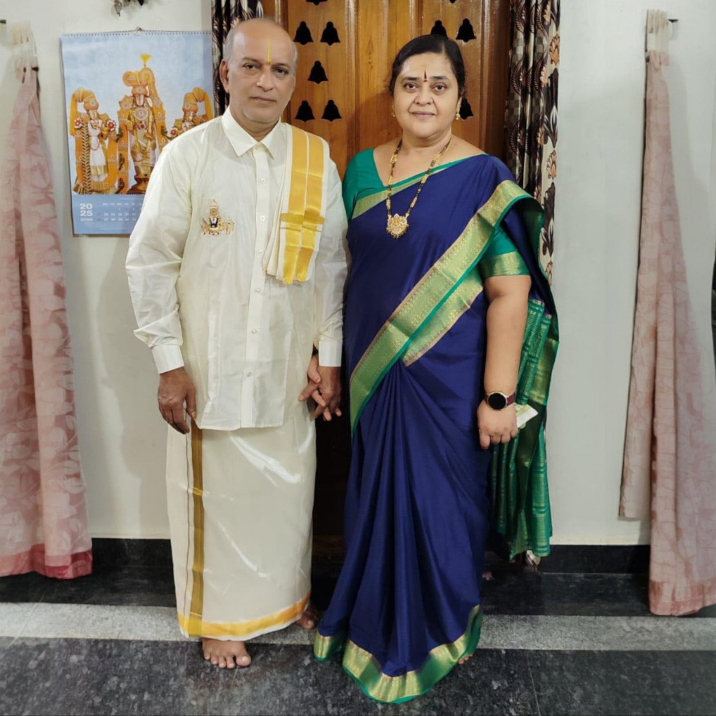 Horad Premium Art Silk Cream Balaji Embroidery Shirt + Cream with Gold Border Welcro Dhoti + Angavastram