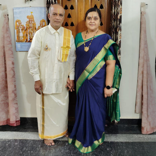 Horad Premium Art Silk Cream Balaji Embroidery Shirt + Cream with Gold Border Welcro Dhoti + Angavastram