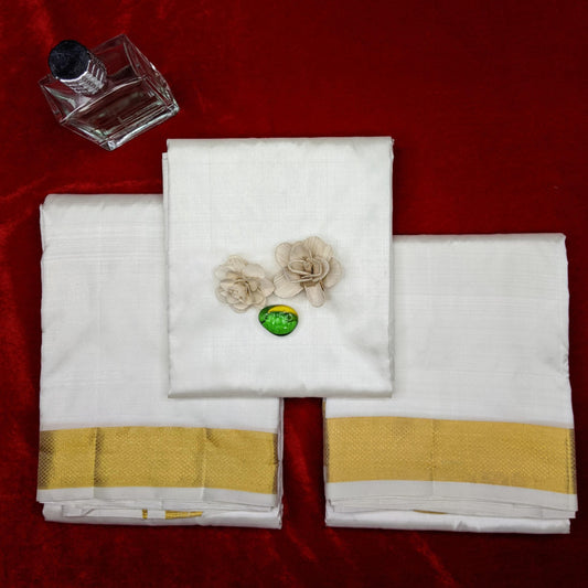 Horad Pure Silk Cream 2.00” Dhoti + Shirt Material + Angavastram (8X4)