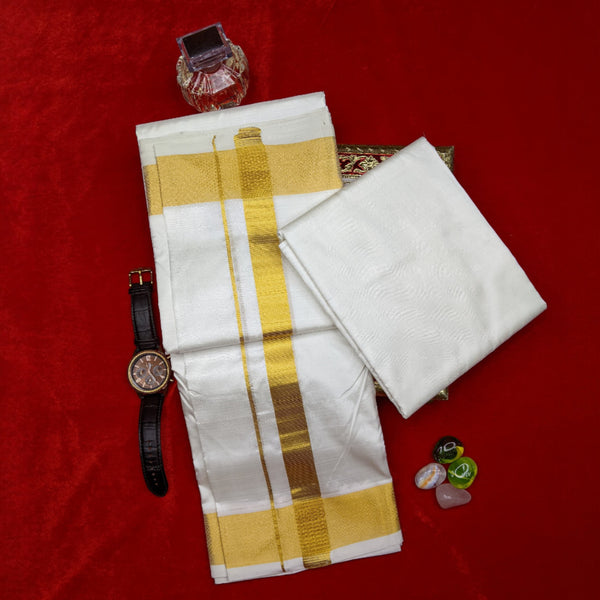Horad Pure Silk Cream 2.00” Shirt Material + Dhoti + Angavastram (9X5)