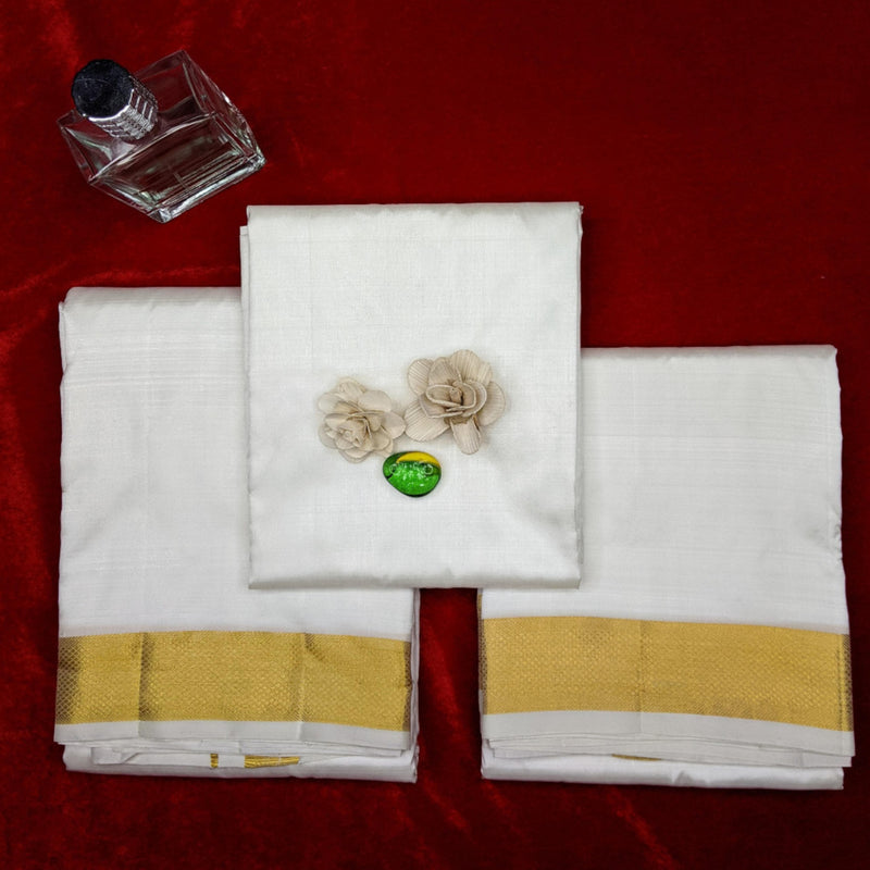 Horad Silk Blend Cream 2.00” Shirt Material + Dhoti + Angavastram (9X5)