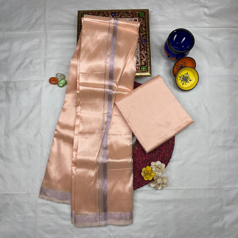 HORAD Art Silk  Rose Gold Shirt Material + Silver Zari Dhoti