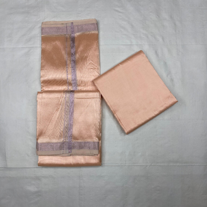 HORAD Art Silk  Rose Gold Shirt Material + Silver Zari Dhoti