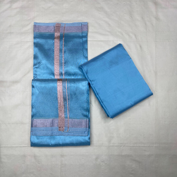 HORAD Art Silk  Sky Blue Shirt Material + Rose Gold Zari Dhoti