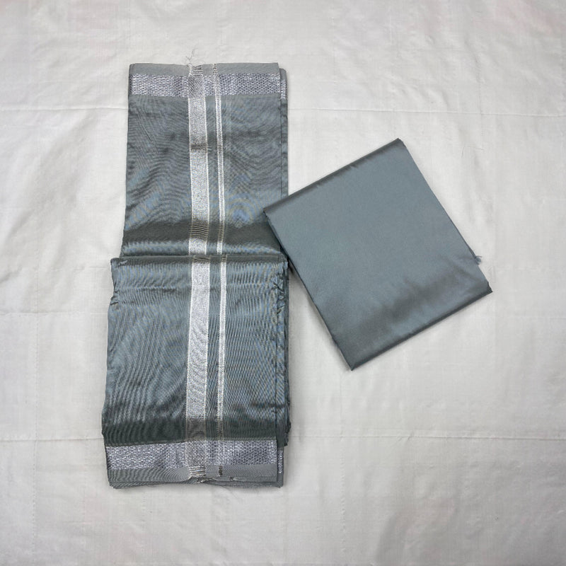 HORAD Art Silk  Steel Grey Shirt Material + Silver Zari Dhoti