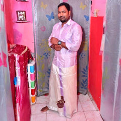 Horad Premium Art Silk Lavender Shirt + Cream with Lavender + Silver Border Dhoti + Belt