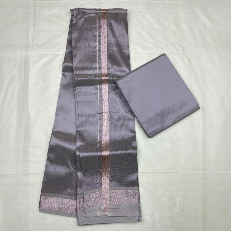 HORAD Art Silk  Dark Lavender Shirt Material + Silver Zari Dhoti