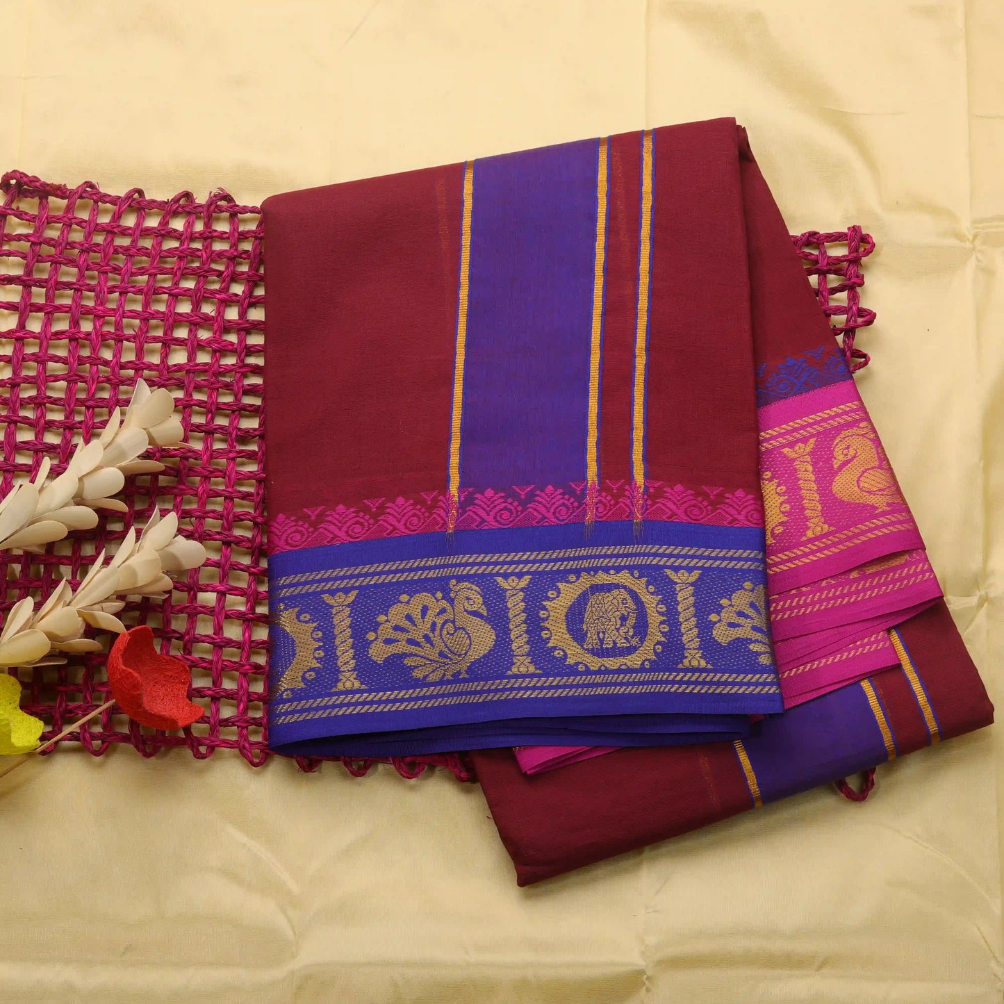 Horad Korvai Cotton Fancy Border Maroon 5.00" Dhoti