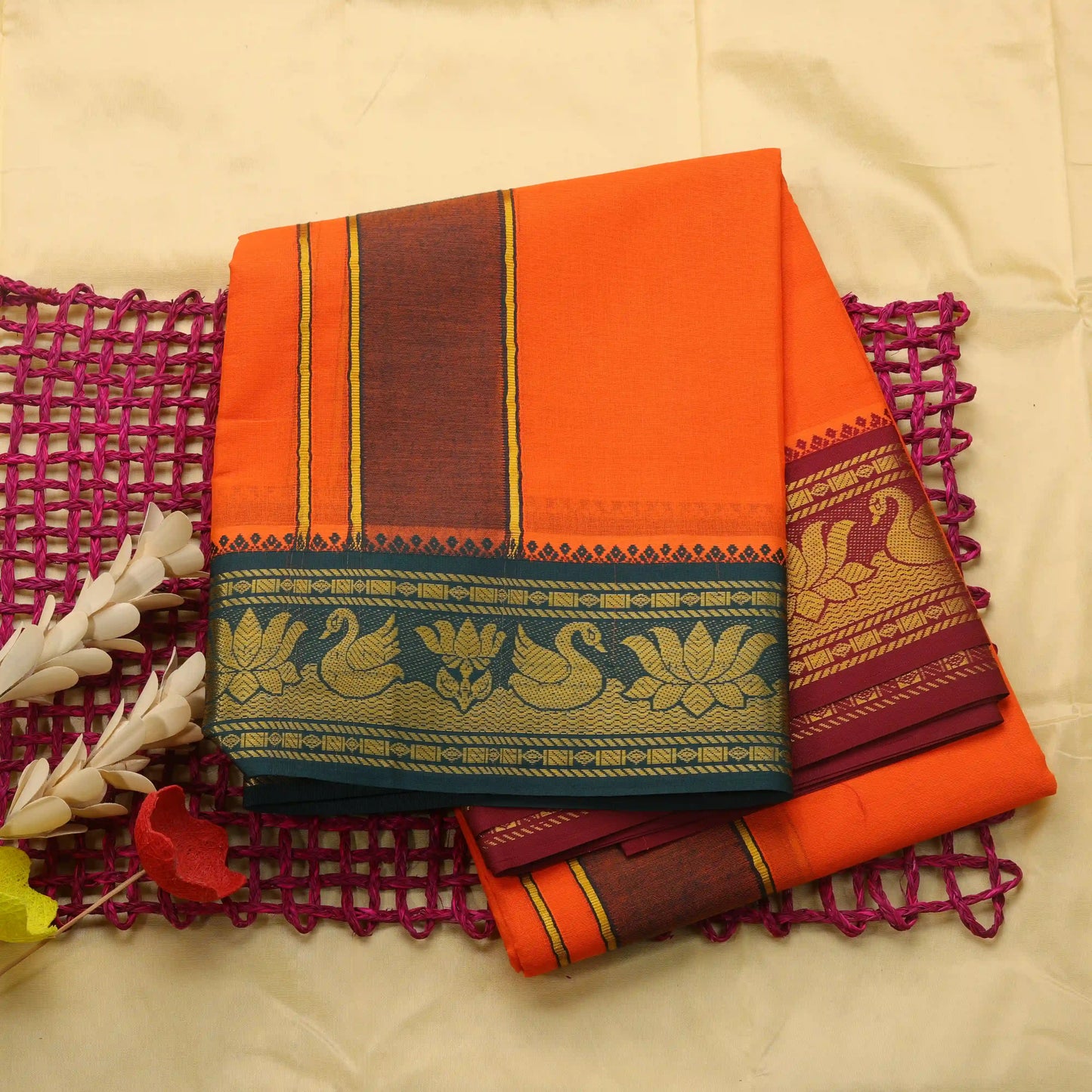 Horad Korvai Cotton Fancy Border Light Orange 5.00" Dhoti