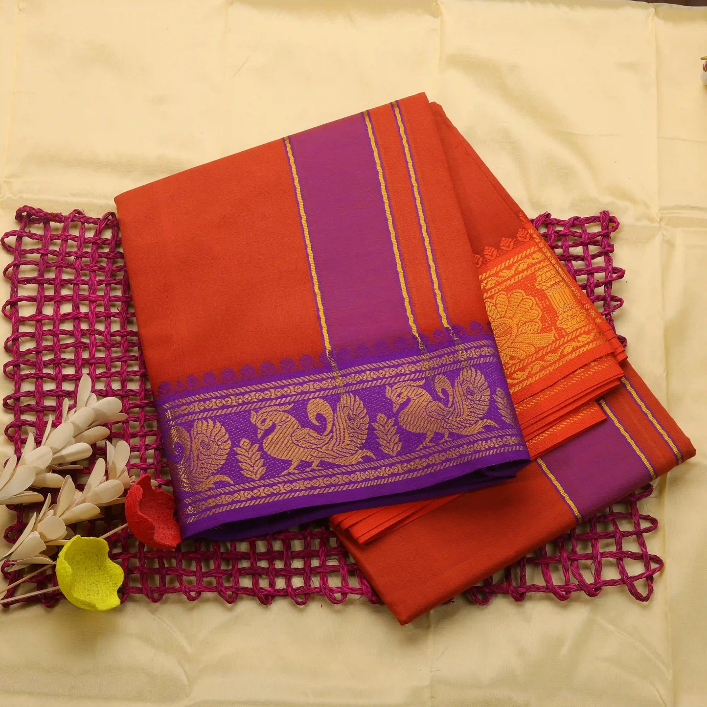Horad Korvai Cotton Fancy Border Dark Orange 5.00" Dhoti