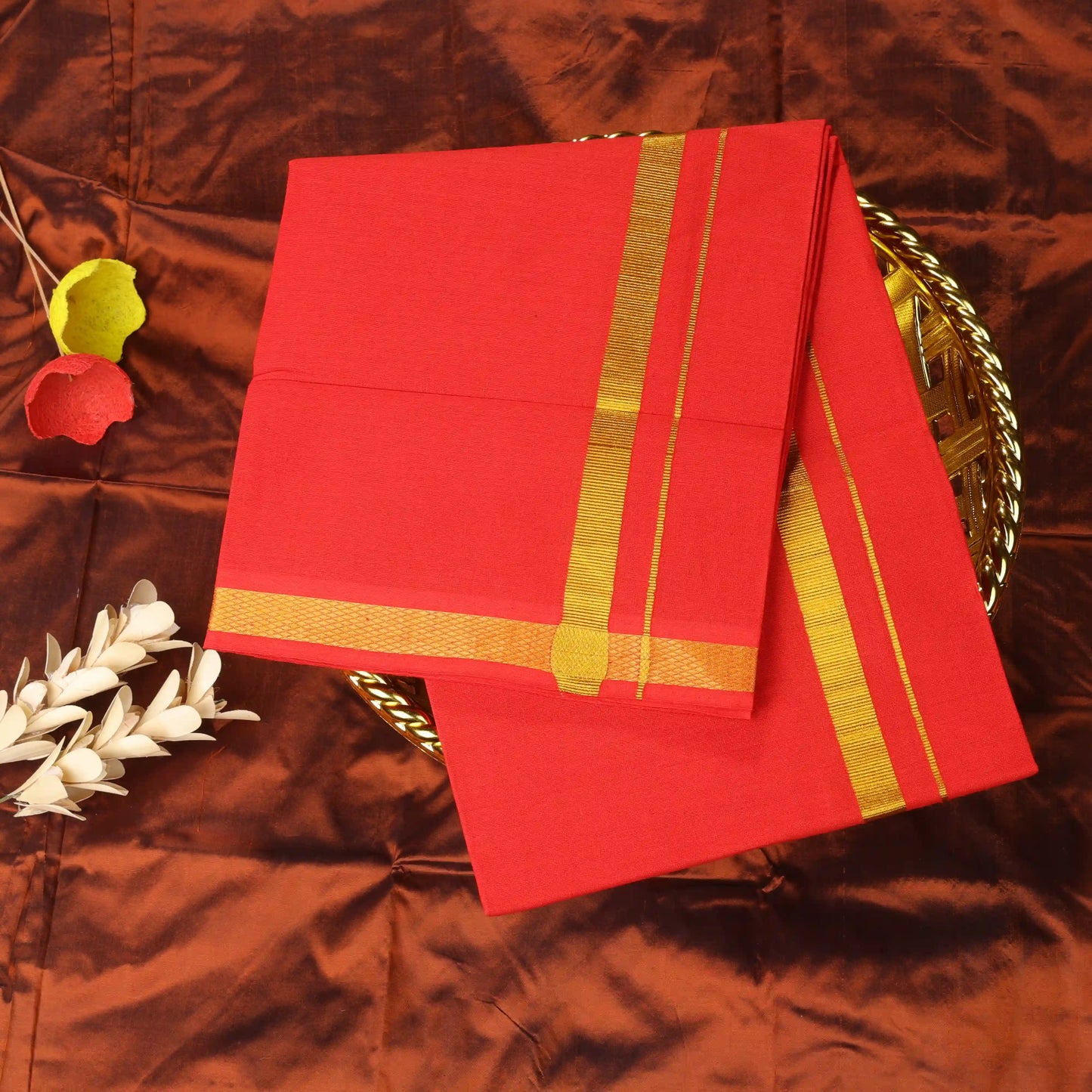 Horad Pure Cotton Gold Zari Self Red 0.25" Dhoti