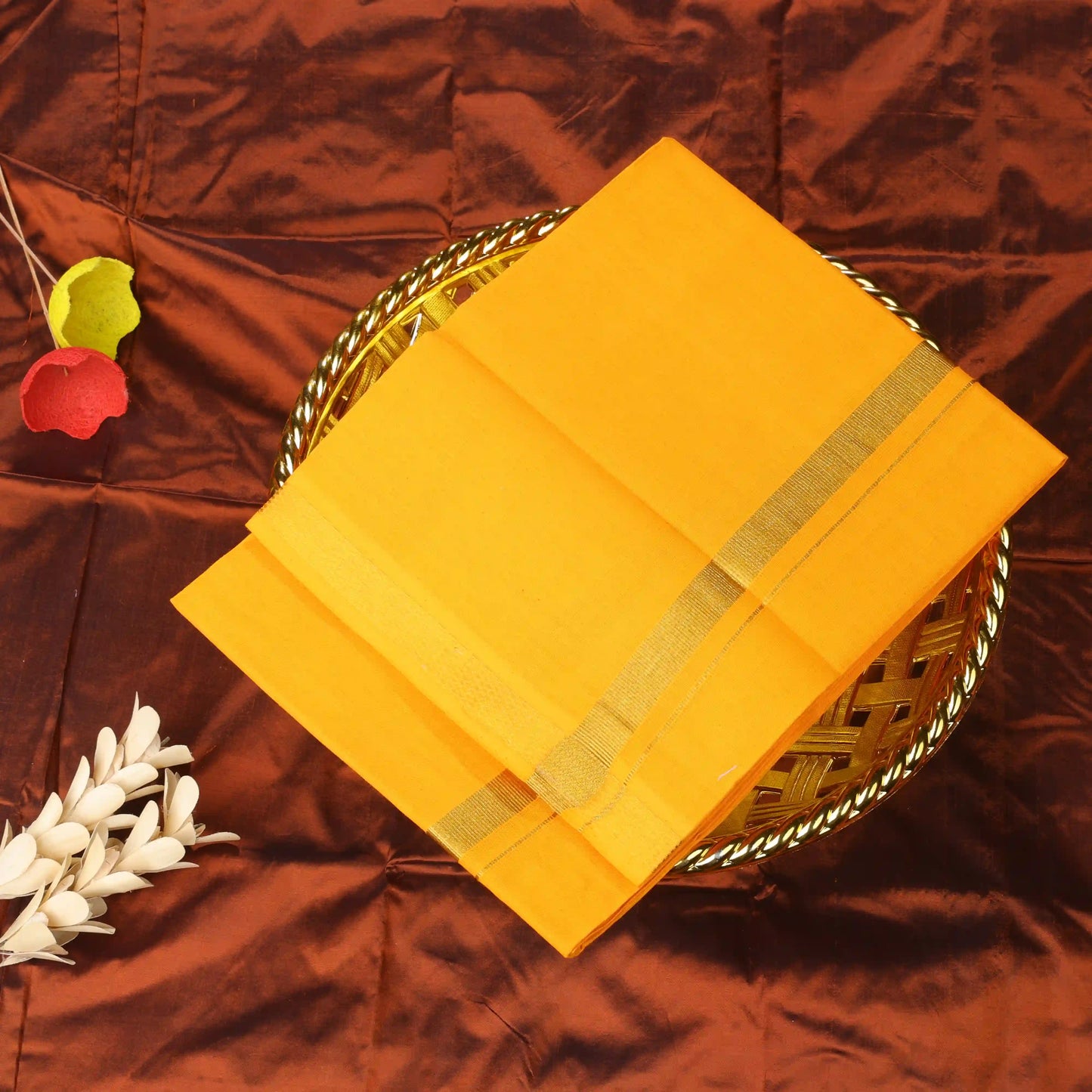 Horad Pure Cotton Self Dark Yellow Gold Zari 0.25" Dhoti