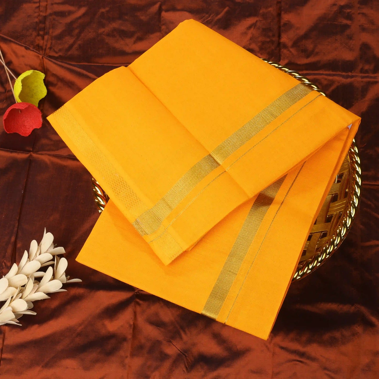 Horad Pure Cotton Self Dark Yellow Gold Zari 0.25" Dhoti