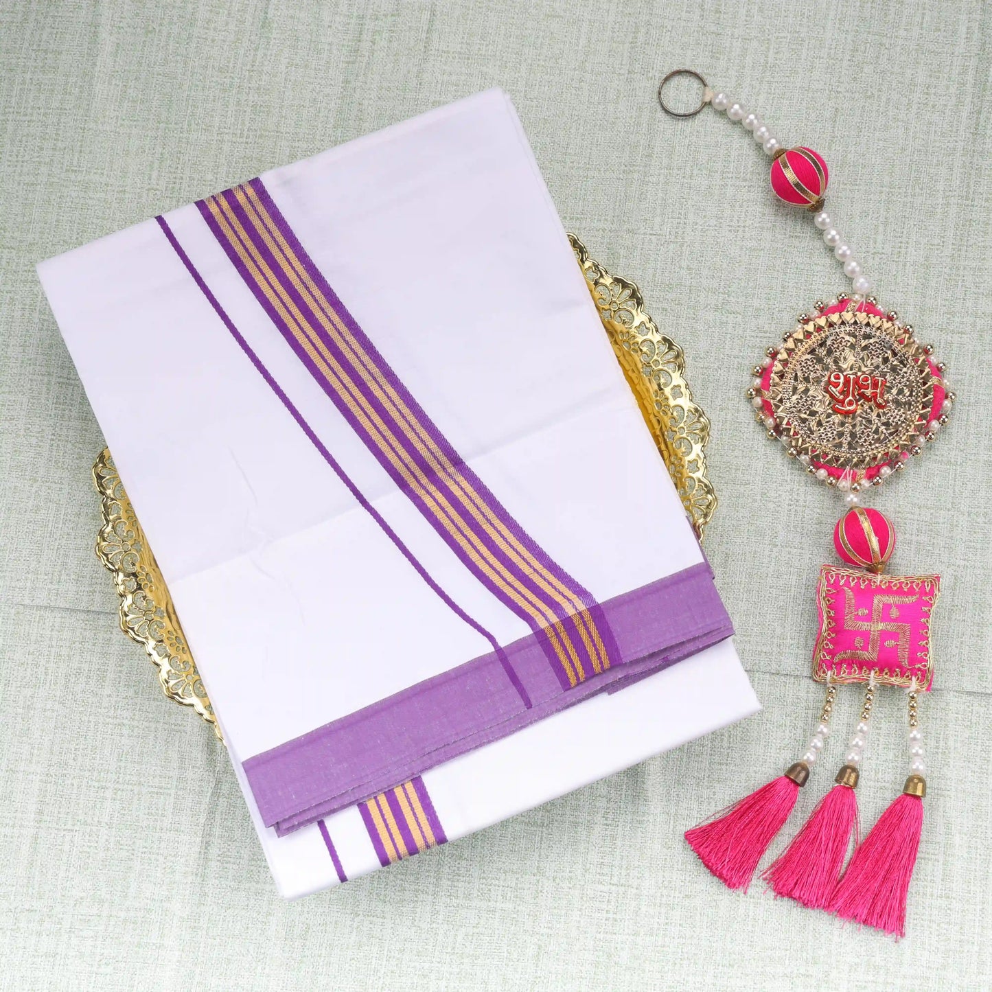 Fancy Pure Cotton Violet Zari Dhoti (4 Yards)