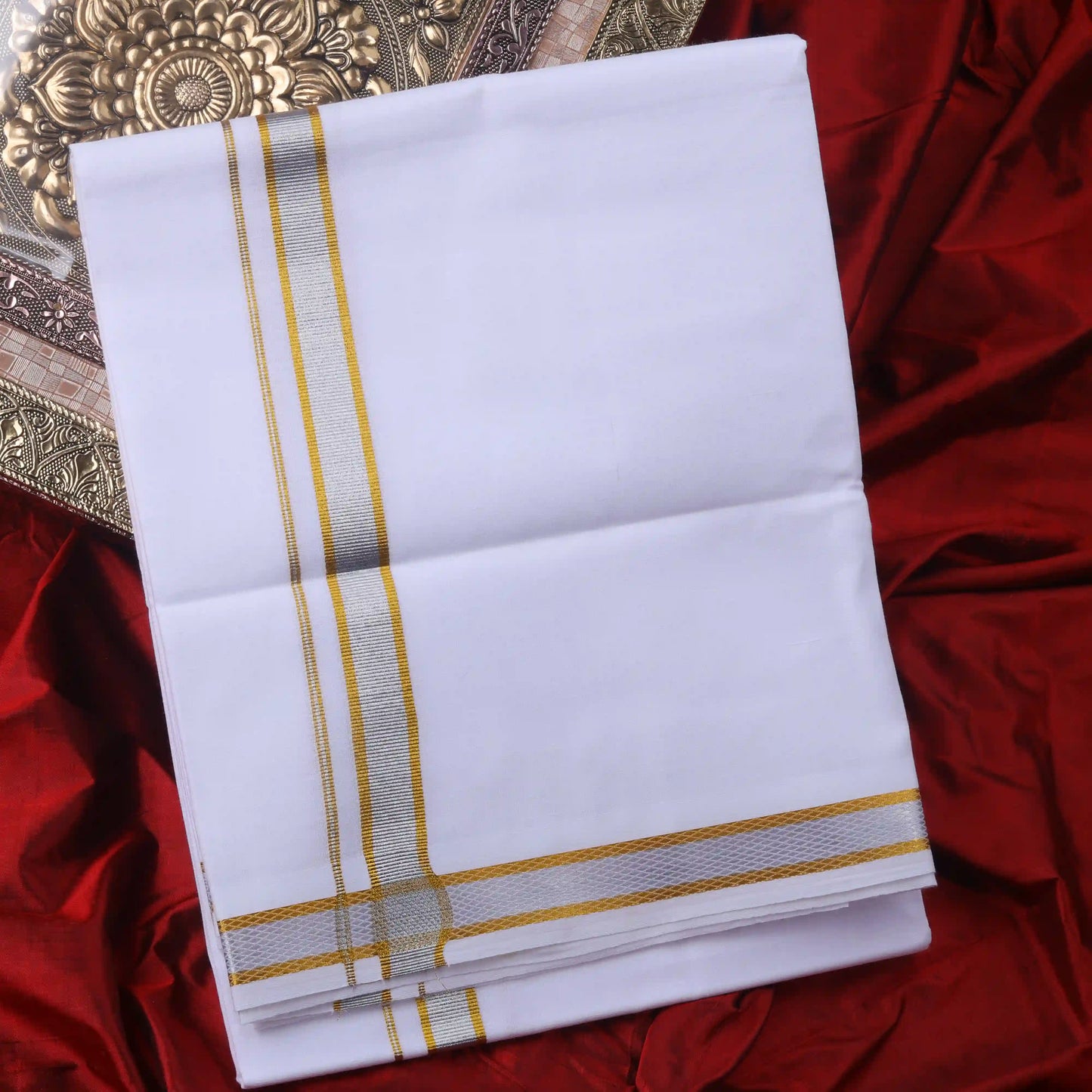 Horad Pure Cotton Pack of 2 Silver And Gold Zari 0.25" Dhoties