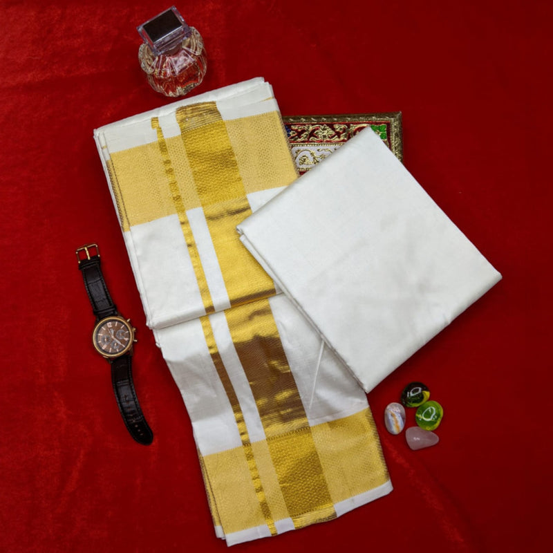 Horad Pure Silk Cream 3” Shirt Material + Dhoti + Angavastram (9X5)