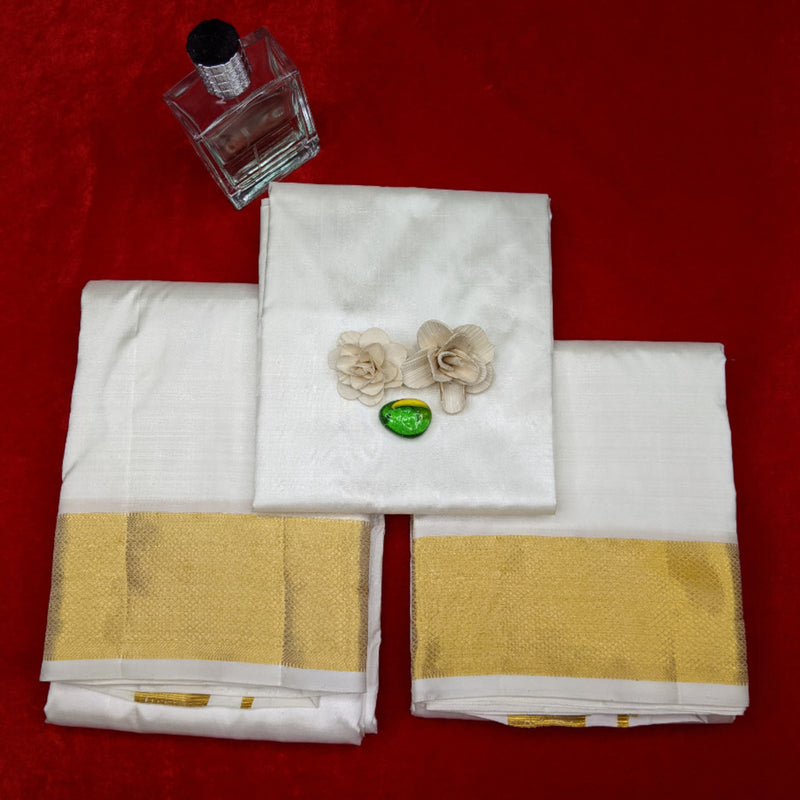 Horad Pure Silk Cream 3” Shirt Material + Dhoti + Angavastram (9X5)