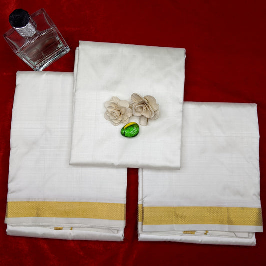 Horad Silk Blend Cream 0.75” Dhoti + Shirt Material + Angavastram (8X4)