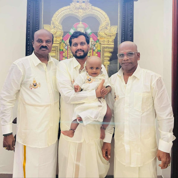 Horad Premium Art Silk Cream Balaji Embroidery Shirt + Cream with Silver Border Welcro Dhoti + Angavastram