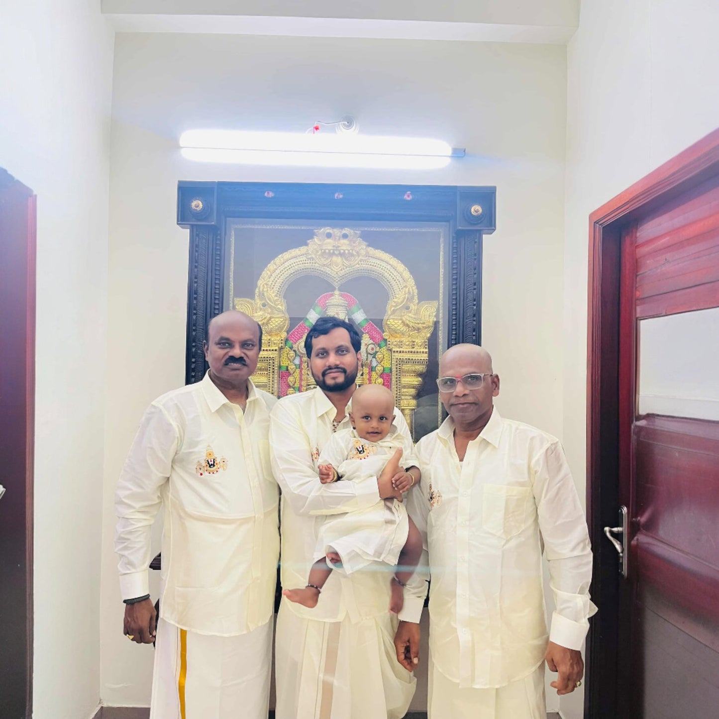 Horad Premium Art Silk Cream Balaji Embroidery Shirt + Cream with Silver Border Welcro Dhoti + Angavastram