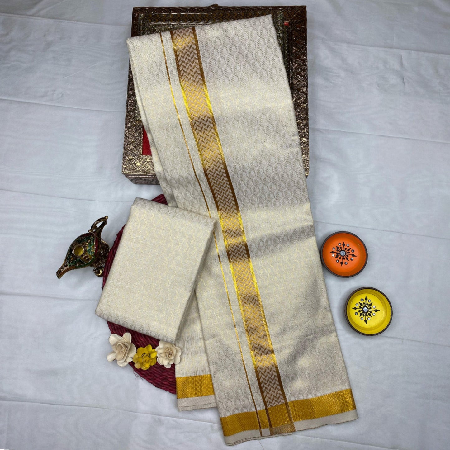 HORAD Kora Cotton Gold Emboss Shirt Material with  Dhoti