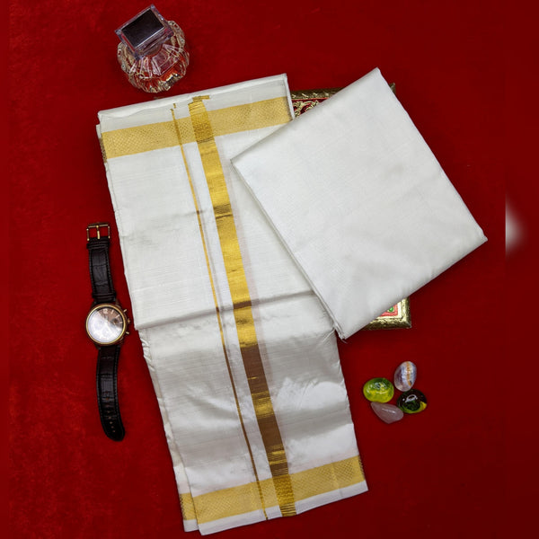 Horad Pure Silk Cream 0.75” Shirt Material + Dhoti + Angavastram (9X5)