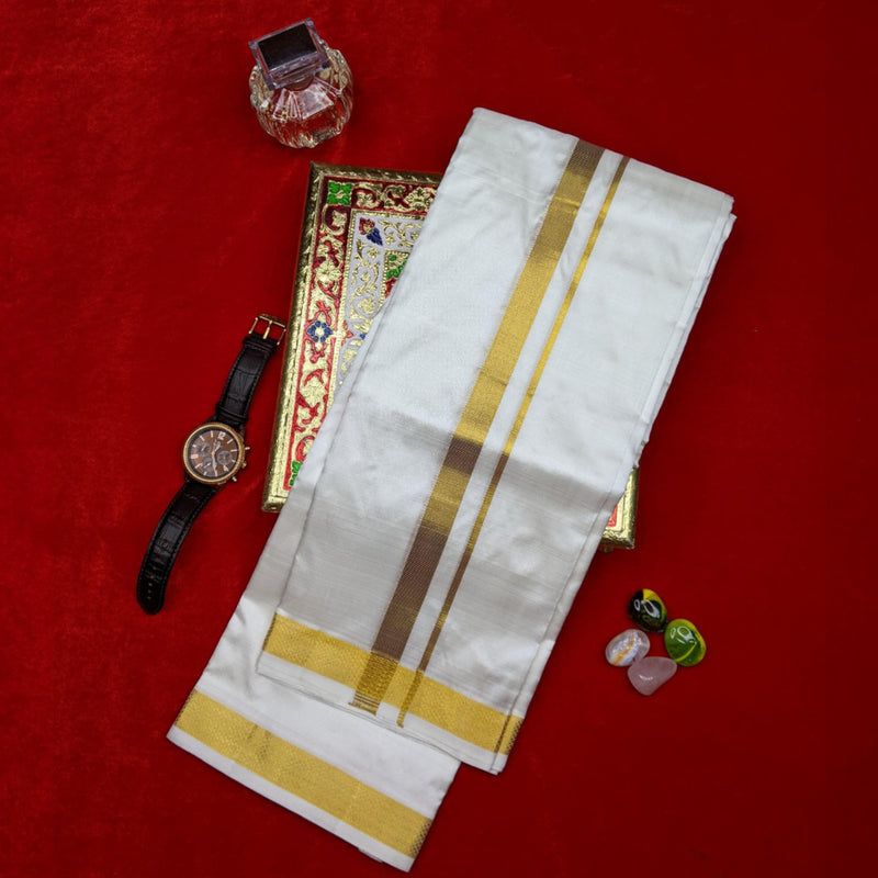 Horad Silk Blend Cream 1.00” Shirt Material + Dhoti + Angavastram (9X5)