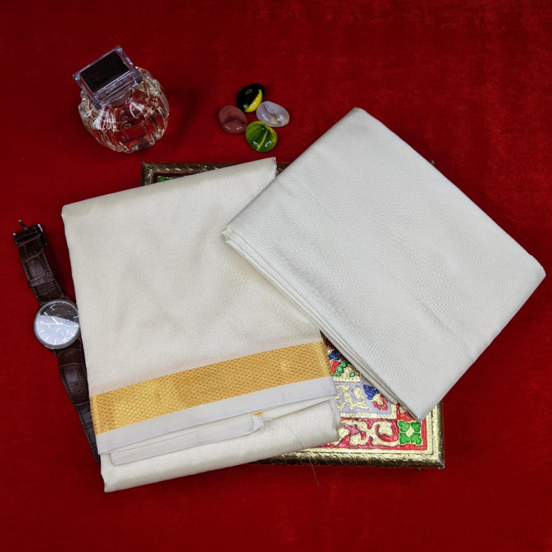 Horad Premium  Art Silk Cream 1.00” Dhoti + Shirt Material
