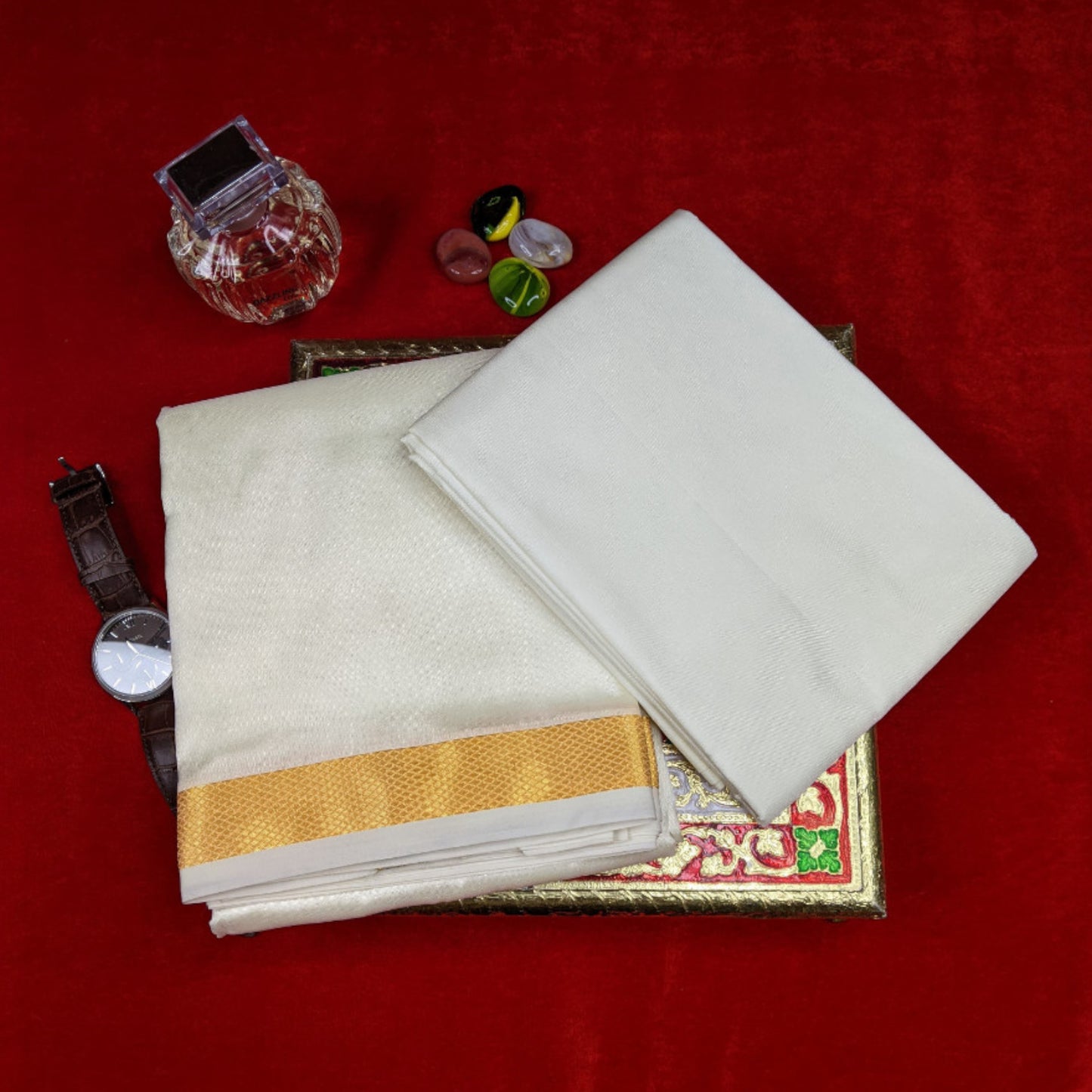 Horad Premium Art Silk Cream 1.25” Dhoti + Shirt Material