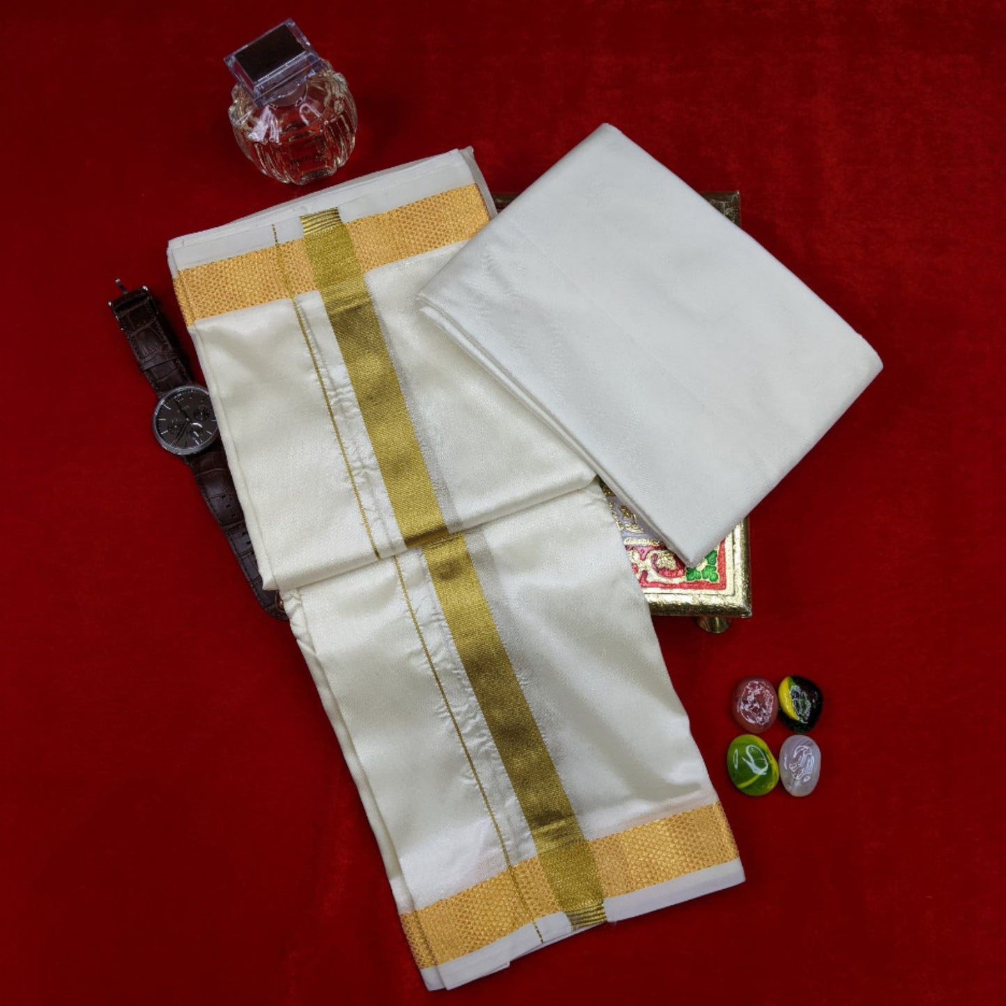 Horad Premium Art Silk Cream 1.25” Dhoti + Shirt Material