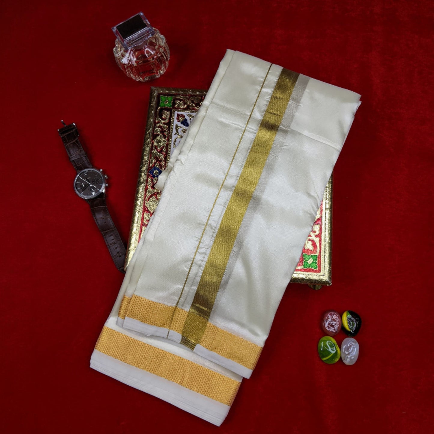 Horad Premium Art Silk Cream 1.25” Dhoti + Shirt Material