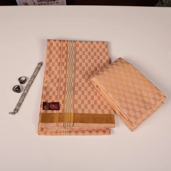 Horad Kora Cotton Tissue Square Emboss Light Orange Shirt Material+Dhoti