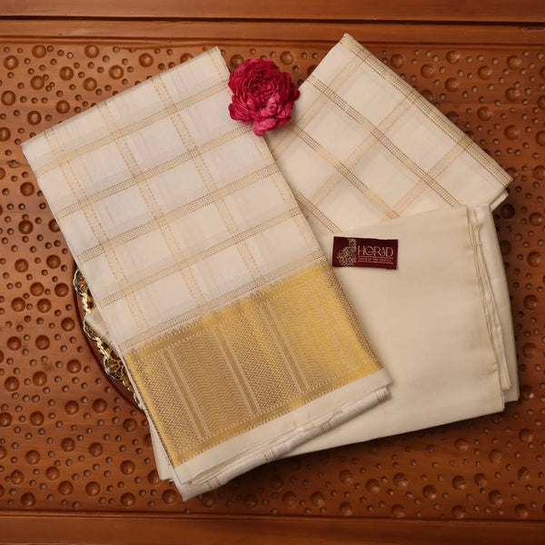 Horad Pure Silk Cream Checked Wedding Set Shirt Material + Dhoti + Angavastram